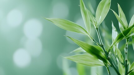 Close-up of fresh green bamboo stems, blurred soft background, tranquil atmosphere, space for text, minimal natural composition