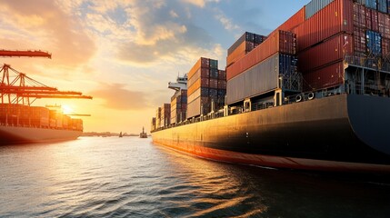 Naklejka premium Container ship at sunset, transporting cargo over calm waters.