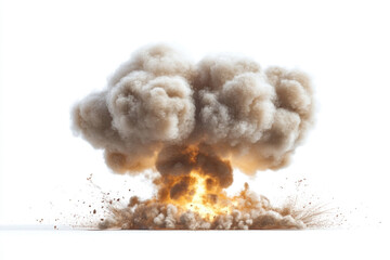 Large explosion of smoke and dust enveloping a city street, with debris flying and people running in panic.