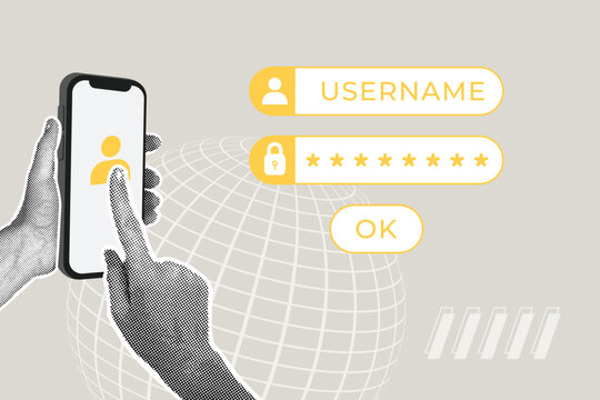 Modern halftone collage. Concept of login and password for secure internet access, business success, data protection, cybersecurity. Modern business collage for design