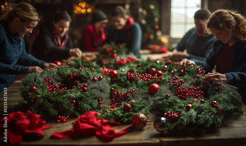 Wall mural A cozy workshop with people crafting Christmas wreaths at a large table filled with greenery and decorations