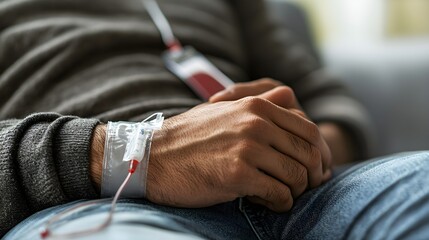 Fototapeta premium Close-up of male hand with blood bag attached, grey background, hospital scene, focus on the act of donation, promoting health and altruism