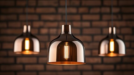 Fototapeta premium Close-up of modern pendant lamps hanging against a rustic red brick wall, soft shadows and warm ambient lighting, industrial chic style