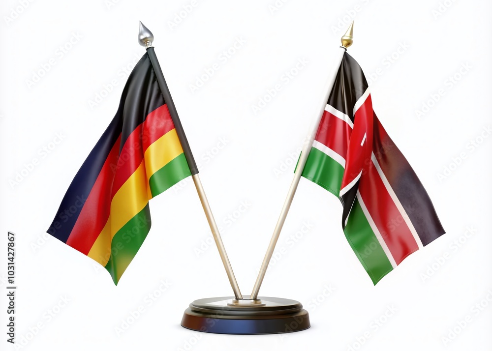 Poster germany and kenya flags on a table - 3d rendering with long exposure effect for cultural representat