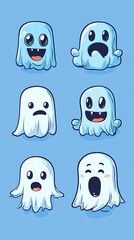 A vibrant collection of cute cartoon ghosts expressing various emotions.