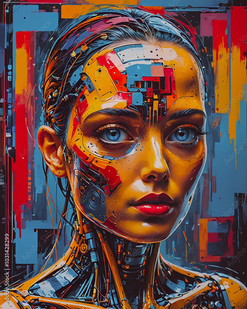 Poster artistic portrait of a female robot with colorful background. 3d rendering