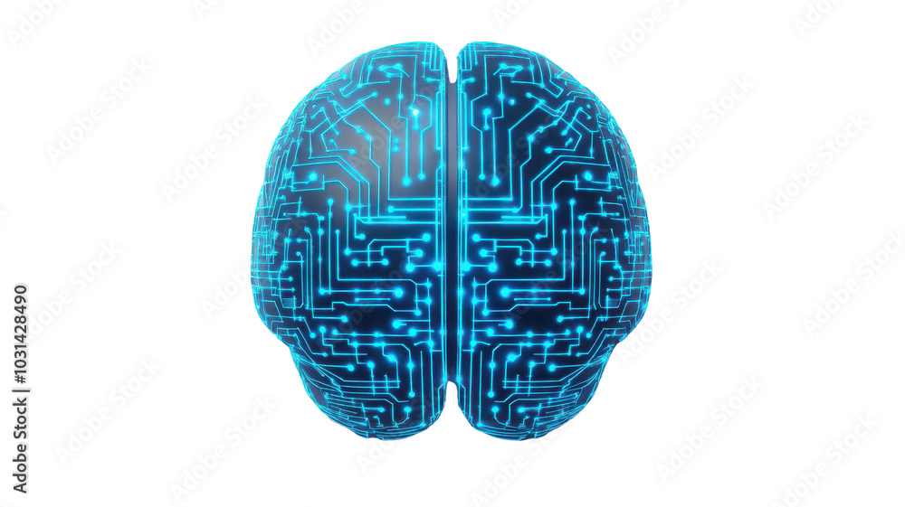 Poster a futuristic representation of a brain, blended with digital circuits, symbolizing artificial intell
