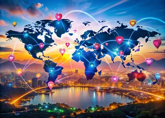 Obraz premium Global Connections: A Panoramic View of SNS Likes and Hearts Across the World