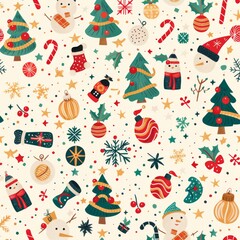 Festive Christmas Pattern with Snowmen, Trees, Ornaments, and Candy Canes