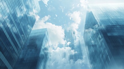 Glass-walled office towers lined up against a cloud-dotted sky, creating a sense of scale and urban energy.