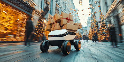 Modern automated delivery robot delivering a pile of Christmas presents. Autonomous package delivery bot riding on city street. Christmas and New Year season. Motion blur.