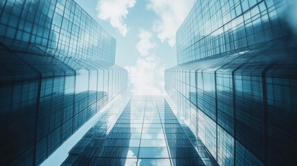 Glass-walled office towers lined up against a cloud-dotted sky, creating a sense of scale and urban energy.