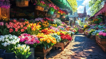 A vibrant flower market with colorful blooms on display in wooden crates.