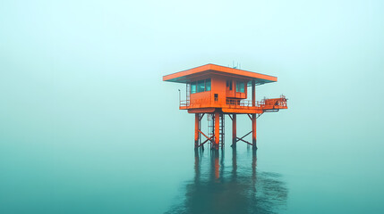 A solitary abandoned oil rig stands in the ocean, the environmental impact of offshore drilling. Industrial decay, ocean pollution, and the effects of the oil industry collapse on marine ecosystems.