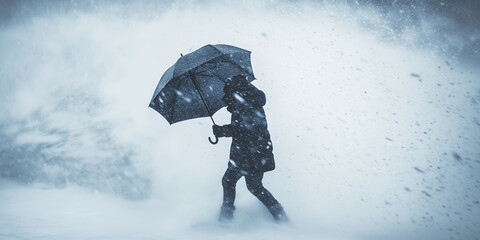Person wearing winter coat withstanding strong wind and heavy snow in a city street. Extreme weather conditions.