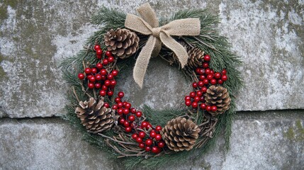 Festive Christmas Wreath with Pinecones and Berries