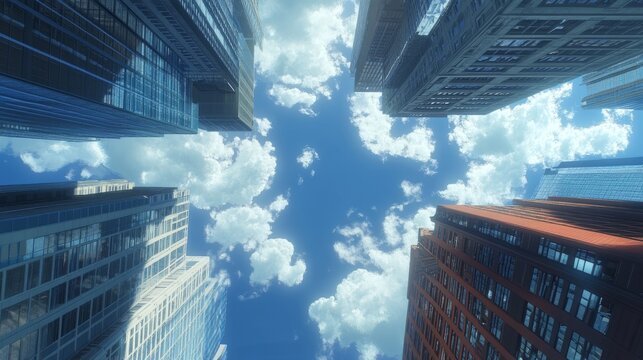 Fototapeta Skyscrapers and office complexes seen from below, with clouds moving across a deep blue sky above.
