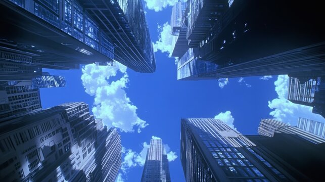 Fototapeta Skyscrapers and office complexes seen from below, with clouds moving across a deep blue sky above.