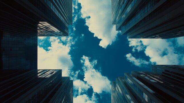 Fototapeta Skyscrapers and office complexes seen from below, with clouds moving across a deep blue sky above.