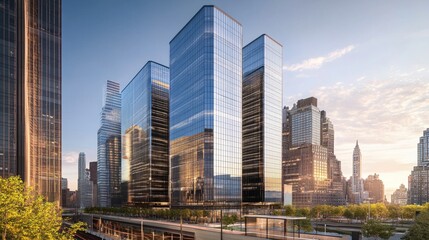 Fototapeta premium Tall office towers with metallic and glass finishes, reflecting surrounding buildings and open sky
