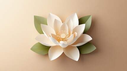 Fototapeta premium Elegant paper flower with leaves on a soft beige background.