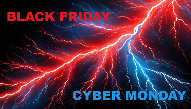 Banner del Black Friday y Cyber Monday con un rayo azul y rojo cruzando en diagonal