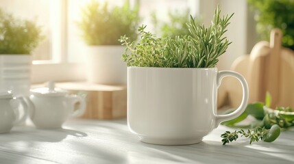 Fresh herbs growing in a white mug, bright kitchen with sunlight.