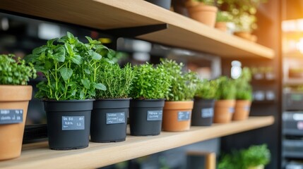 Fresh herbs in pots displayed on a wooden shelf with sunlight.