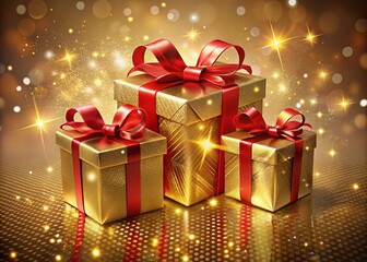 Obraz premium Golden Presents with Red Bow for Sinterklaas, Christmas, Weddings, and Celebrations | 3D Render Illustration