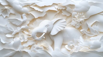 Intricate paper art depicting an elephant among various wildlife on a white background.