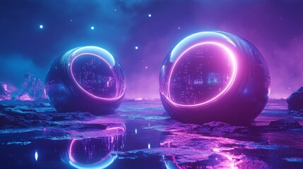 Futuristic capsules with sleek metallic surfaces, glowing neon edges, floating in a zero-gravity sci-fi setting, Cyberpunk, 3D render, blue and purple hues, glowing details