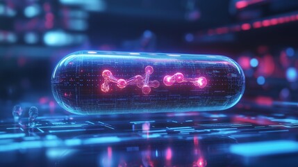 Futuristic glowing capsule hovering above a sleek digital surface, with holographic molecular structures illuminating the space, symbolizing a futuristic cure