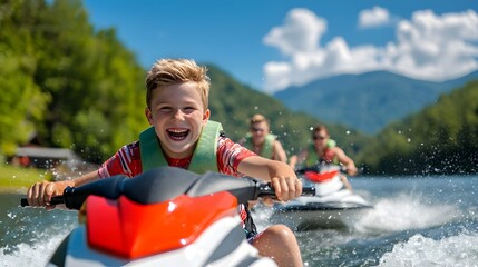 A group of friends enjoying an exciting and thrilling jet ski ride across a serene lake capturing the spirit of summer adventure and water based recreation