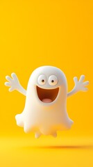 Obraz premium Cheerful cartoon ghost character with a big smile on a bright yellow background.