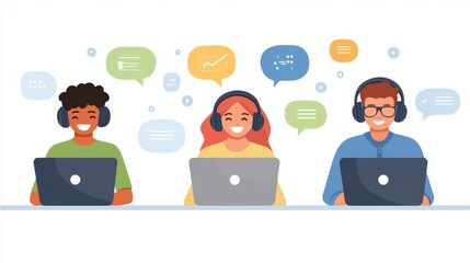 Three Happy People Wearing Headphones and Using Laptops