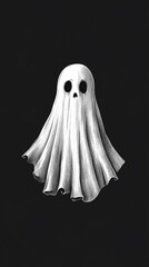 A whimsical ghost illustration on a black background, evoking a playful Halloween spirit.