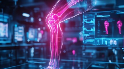 Futuristic knee surgery visualization, neon-colored implants floating around a skeleton's knee hologram in a sterile med lab filled with digital tech, Futuristic, Digital Illustration