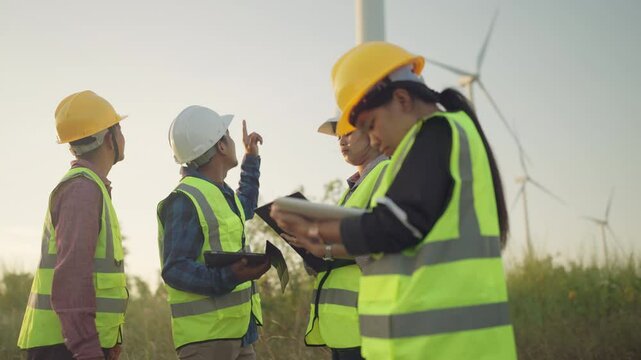 A group of workers are standing in a field, wearing safety gear and looking at a large wind turbine