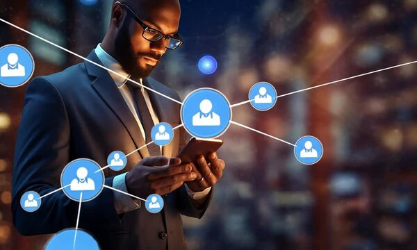 A businessman using a smartphone with a digital network overlay in a cityscape. - Powered by Adobe