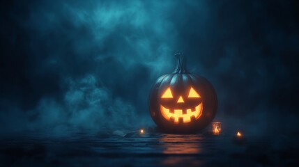 Naklejka premium Spooky Halloween pumpkin glowing in misty atmosphere