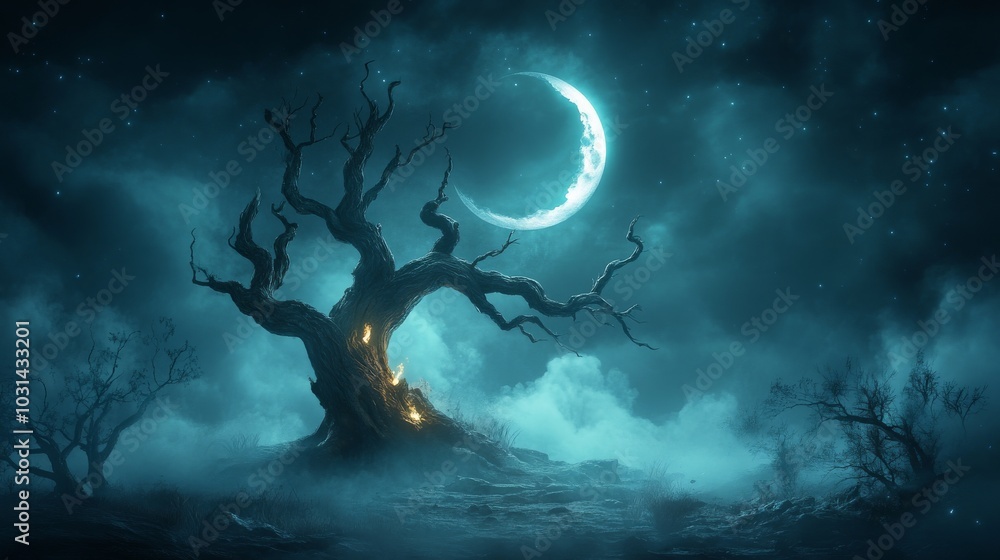 Wall mural enigmatic moonlit scene with a twisted tree