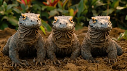 Obraz premium Three lizards sitting on the ground amidst lush greenery.