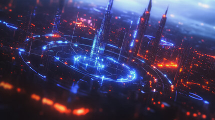 Obraz premium Smart digital Innovation city with connection network reciprocity over the cityscape. of future smart wireless digital city and social media networking systems that connects people with in city