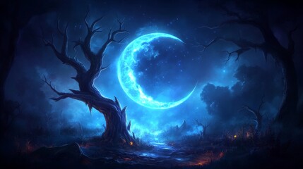 Enchanting moonlit forest with mystical blue hues
