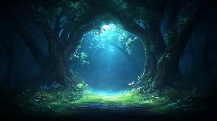 Enchanted forest with glowing light and ethereal atmosphere