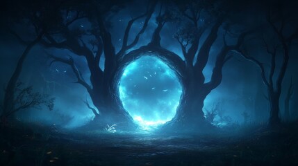 Enigmatic portal within a mystical forest at night