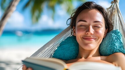 Peaceful Coastal Retreat   A woman relaxing in a hammock by the beach taking a moment to enjoy the tranquil surroundings and indulge in the pleasure of reading a book