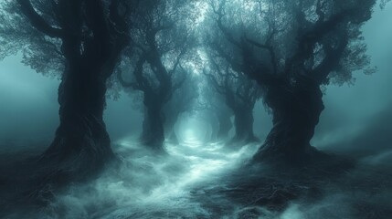 Enigmatic misty forest pathway with ancient trees
