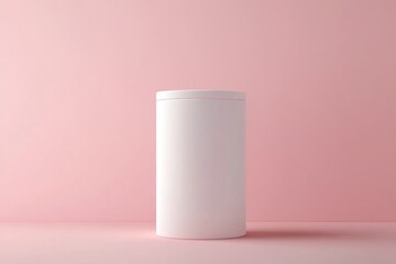 White cylinder on pink background, casting a shadow to the right, minimalistic and modern aesthetic...