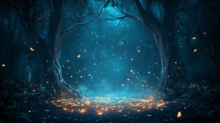 Enchanted forest with glowing lights and mystical ambiance